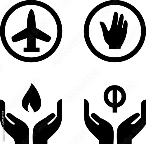 Inspiring Icons for Travel, Safety, Care, and Growth symbolizing journeys, protection, nurturing, and development