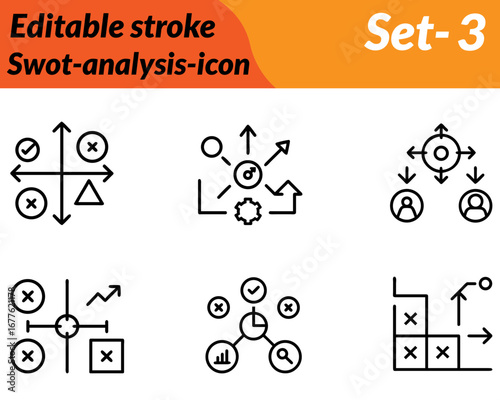 Swot-analysis icon character designed with a four-square quadrant, symbolizing Strengths Weaknesses Opportunities, and Threats. Clean lines and balanced layout give a strategic and professional look.