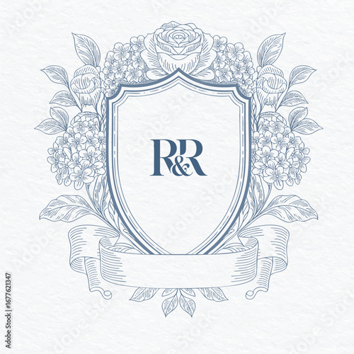 Wedding crest frame decorated with hydrangea and scrolls. Botanical wedding monogram emblem in engraving style.