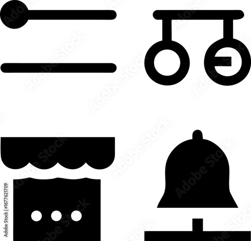 Simple black icons for UI design: notification bell, store, and sports equipment.