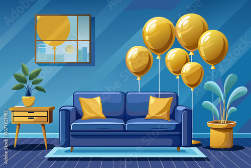 vector of Golden air balloons and sofa near blue wall in modern living room. Great idea for birthday party.