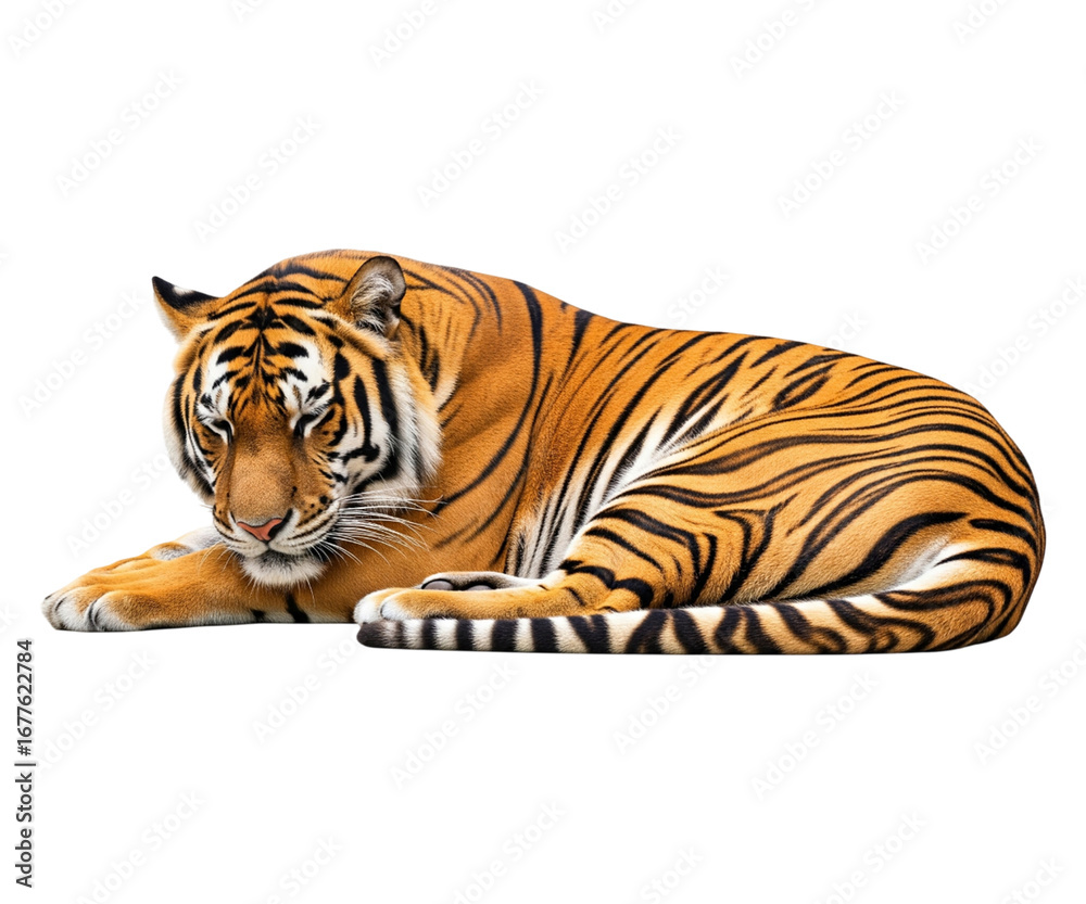 Obraz premium A Bengal tiger, with its distinctive orange coat and dark stripes, lies curled up on a pure white background.
