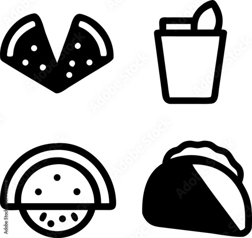 Delicious food icons pizza, taco, watermelon, and drink capture culinary cravings for casual dining and parties.