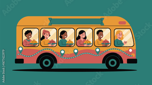Cartoon bus with passengers holding plates of food against a teal background illustration style