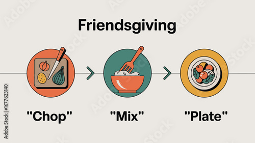 Friendsgiving illustration showing the steps to prepare a meal: chop, mix, and plate the food