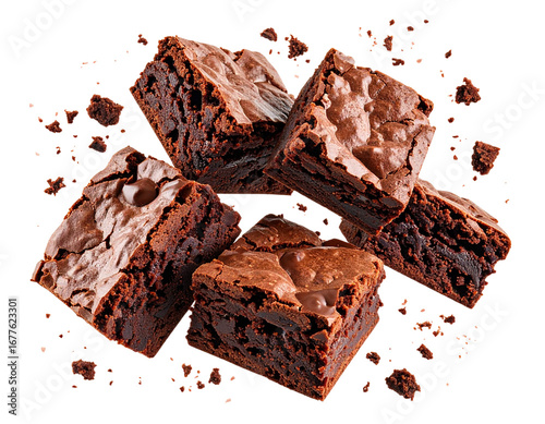 Chocolate Brownie Pieces Falling in Mid-Air, Isolated on Transparent Background