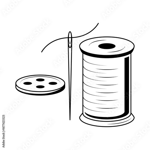 Abstract Doodle Elements Hand Drawn Outline Needle With Spool Of Thread Sketch Vector Design Style Isolated On White Background Illustration For Knitting, Embroidery, Sewing 