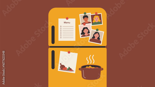 A yellow refrigerator with a menu list, photos, and a pot of food attached to it with magnets