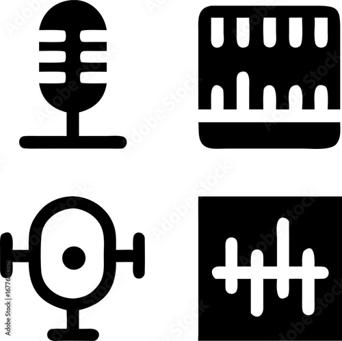 Dynamic audio icons capture podcasting, music, and sound wave creativity for modern media