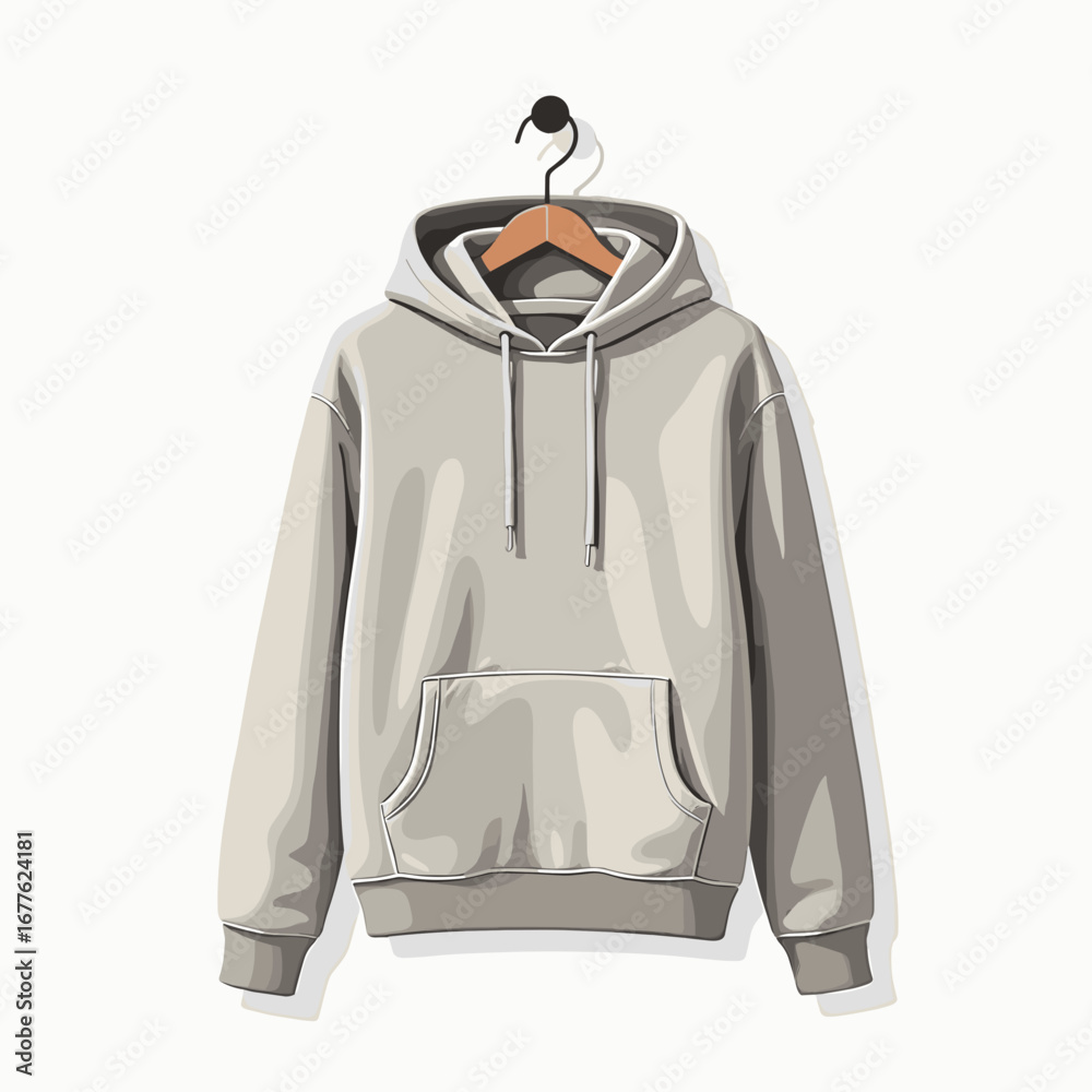Naklejka premium Minimalist grey hoodie hanging on a coat hook against white background 
