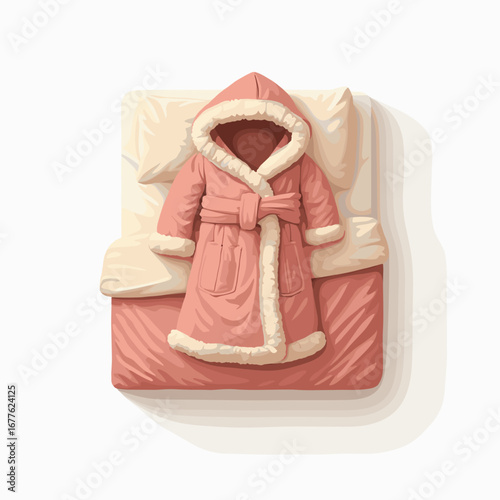 Cozy fleece robe placed on a bed with pillows in soft tones  