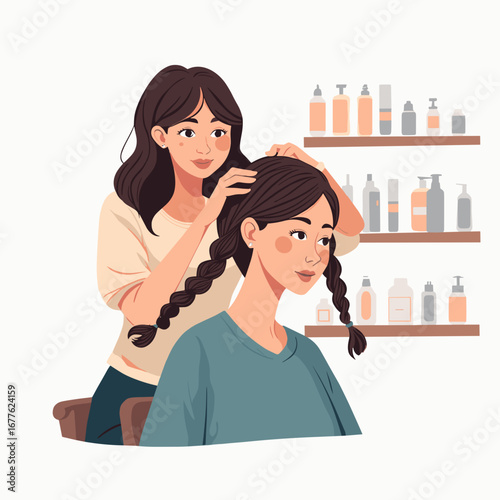 Hairstylist braiding hair of woman in salon with beauty products  