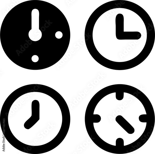 Four distinct clock icons representing time management and scheduling concepts with clean, modern design elements.