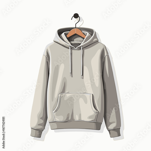 Minimalist grey hoodie hanging on a coat hook against white background  