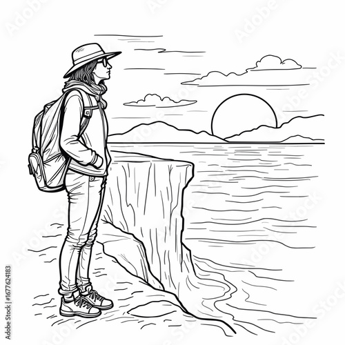 Female traveler watching sunset on cliff by the ocean in outline style  