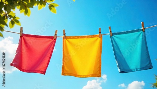 Brightly colored laundry flapping gently in a summer breeze on a clothesline, under a vibrant blue sky Perfect for themes of summer, freshness, and outdoor living , laundry, idyllic, outdoors