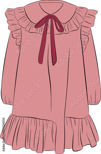Long sleeve ruffle dress CAD drawing, flat vector sketch, fashion illustration of feminine design with bow tie collar detail