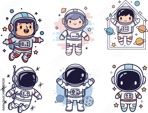 Adorable cartoon astronaut characters in space suits, floating in outer space with stars, planets, and cosmic background, perfect for kids illustrations, vector