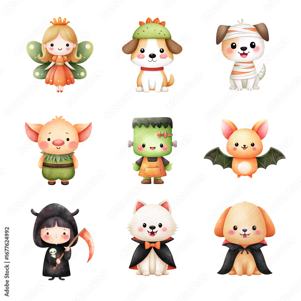 Naklejka premium Cute cartoon characters in Halloween costumes with whimsical designs and vibrant colors. Halloween Character isolated on white background, Transparent Background