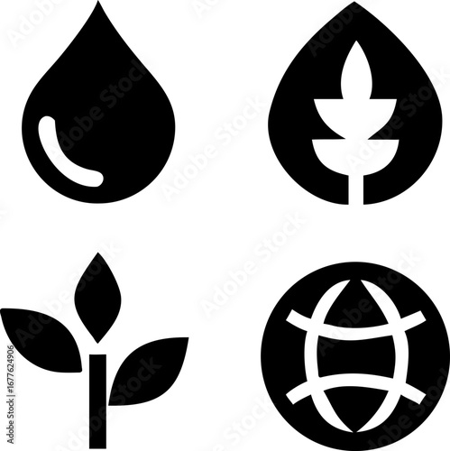 Essential icons symbolizing water, growth, nature, and global connection for diverse projects.