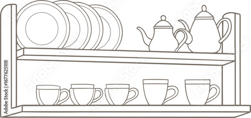 Minimalist line art illustration of kitchen shelves with plates, teapots, cups, and mugs, elegant dishware design for home decor, culinary themes, and interior kitchen concepts.