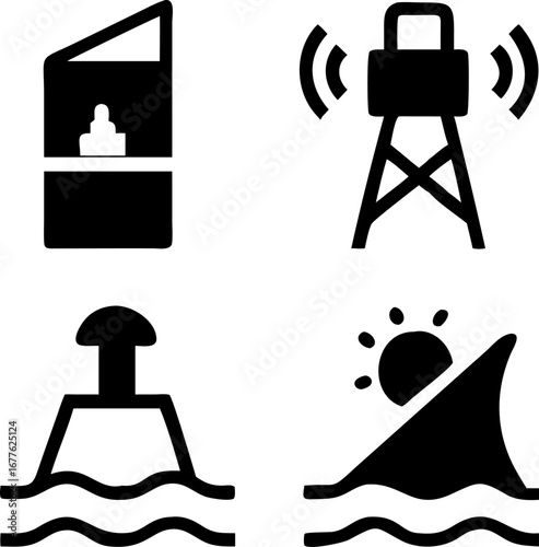 Modern icons depict communication tower, navigation buoy, shark fin, and abstract building for diverse concepts.