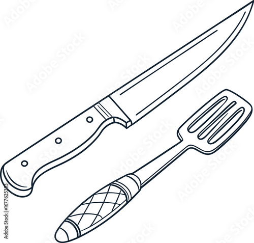 Detailed line art illustration of a kitchen knife and slotted spatula, essential cooking utensils for food preparation, culinary tools for kitchen design and restaurant menu graphics.