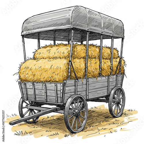 Wooden cart filled with hay bales under a canvas canopy  