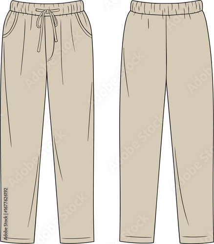 Men jogger pants cad drawing flat vector illustration, front and back view, elastic waist, drawstring, casual wear template