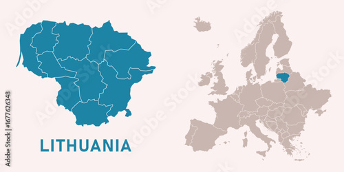 Map of Lithuania with administrative divisions and highlighted position on Europe map. Isolated on white background. Vector illustration.