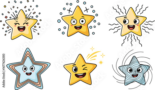 Funny cartoon star faces with expressions, cute vector stars for kids, emotional character doodles, happy winking and shining stars clipart set