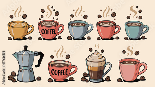 Whimsical coffee cups and moka pot with beans mugs coffee beans