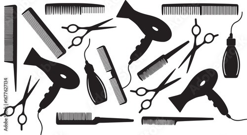 Assortment of Black Silhouettes of Hair Styling Tools on White Background hair dryer comb