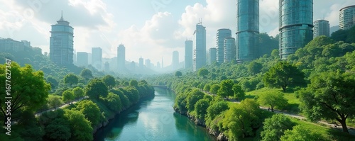 A futuristic cityscape with green infrastructure promoting sustainability and combating climate change , futuristic city, landscape