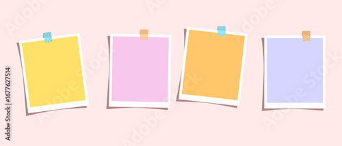 Four empty, clean frames hanging on wall with sticky tape. Vector illustration of template for photos, notes, text, pictures, arranged horizontally in one row.