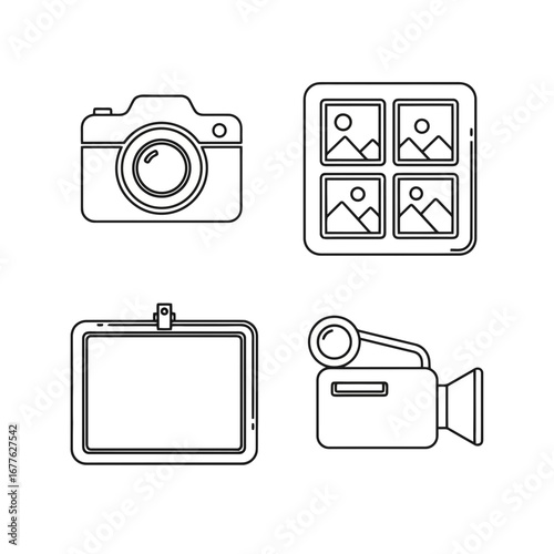 Simple outline icons representing photography and videography equipment for use in digital design projects and visual communication.