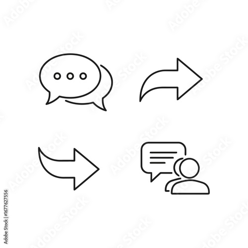 Minimalist line art icons representing communication, sharing, and social interaction. Suitable for website design, user interface elements, and app development projects.