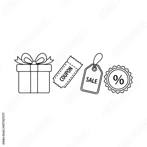 Minimalist black and white line art illustration of shopping elements for sales promotions and retail advertising design and promotional graphics
