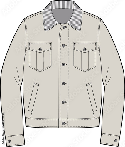 Men’s beige denim jacket CAD flat sketch with striped collar, front view fashion technical drawing for apparel design templates