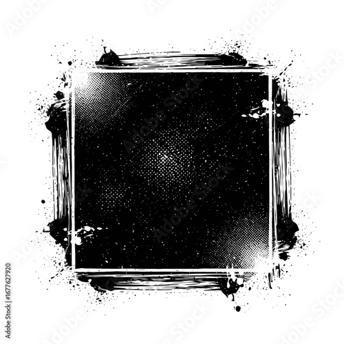 Grunge textured square frame with splatter effects isolated on white background. Suitable for adding a distressed, edgy look to graphics, posters, and website designs.