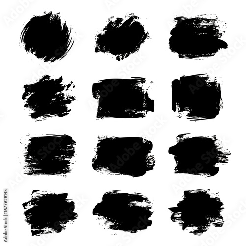 Collection of diverse black brush stroke shapes perfect for adding artistic flair to designs, backgrounds, or creative projects requiring a handmade touch