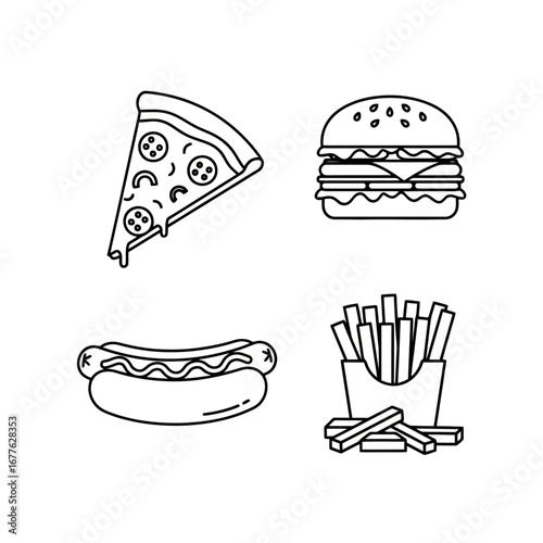 Minimalist line art illustration of popular fast food items, ideal for menus, dietary infographics, or educational materials on nutrition and food choices.