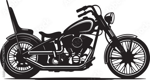 Black and white illustration of a classic motorcycle with detailed engine and wheels motorbike