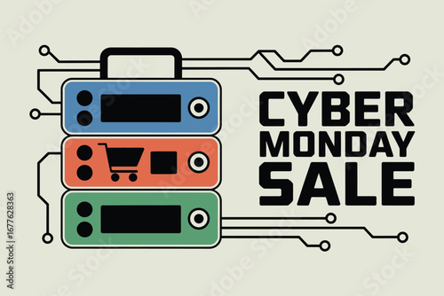 Cyber monday sale promotion featuring stacked server units and circuit board style graphics