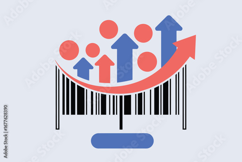 A barcode with upward trending arrows and circles suggesting growth and positive market performance analysis