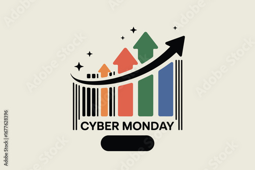 Cyber monday graphic with upward trending arrows and barcode design on a light beige background color