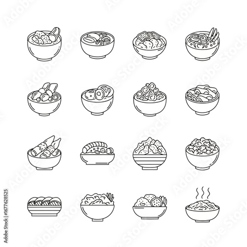 Minimalist line art illustration of various food bowls for menu design, culinary blogs, or restaurant branding, showcasing diverse dishes and simple aesthetic