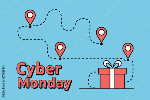 Cyber monday promotion with location pins and dotted path leading to a gift box on a blue background