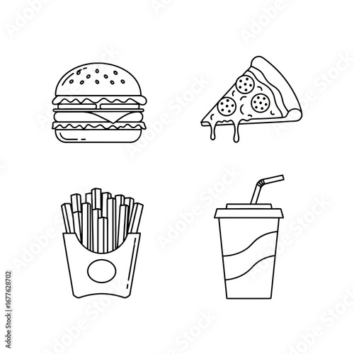 Minimalist line art illustration of fast food essentials, perfect for menu design, restaurant branding, or illustrating dietary concepts and choices in a simple and clear style.