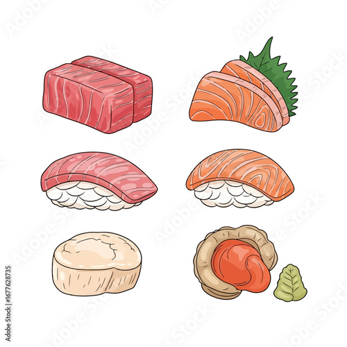 Exquisite selection of sushi and sashimi illustration featuring tuna, salmon, and scallop, perfect for restaurant menus, food blogs, or culinary design projects.